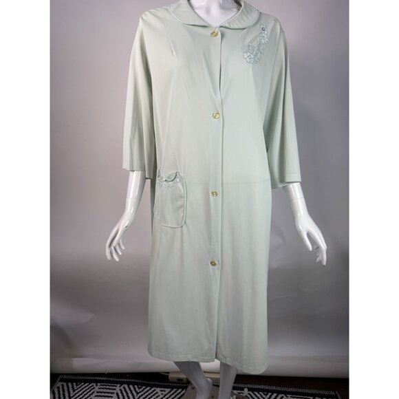 Vintage Light Blue Button Down Robe With Floral Embroidery & Pocket - Picture 15 of 16